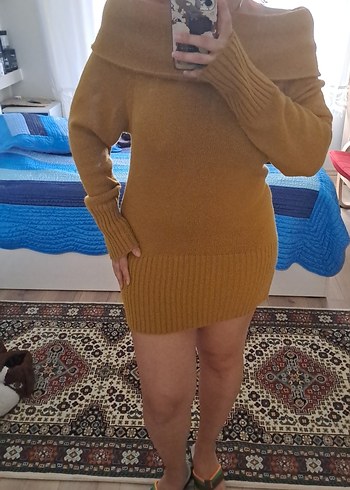 Hardal Renkliı Triko Boğazlı Kadın Tunik/Kısa Elbise - Görsel 3