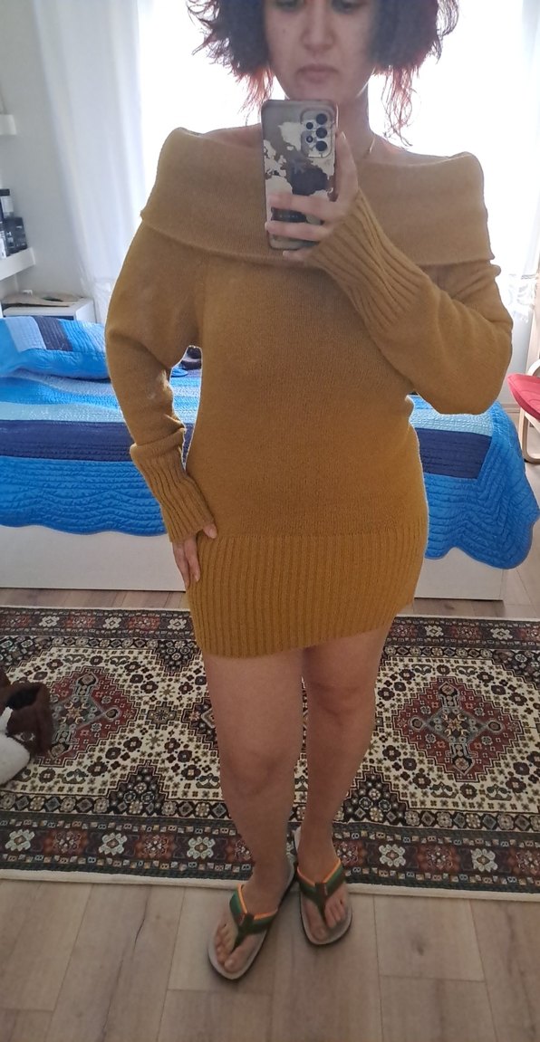 Hardal Renkliı Triko Boğazlı Kadın Tunik/Kısa Elbise - Görsel 3