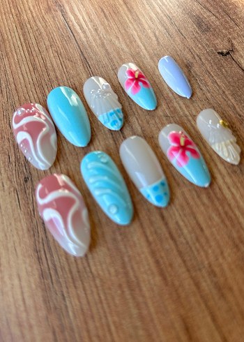 Pastel Turkuaz Çiçekli 24lü Takma Tırnak Seti - Görsel 3