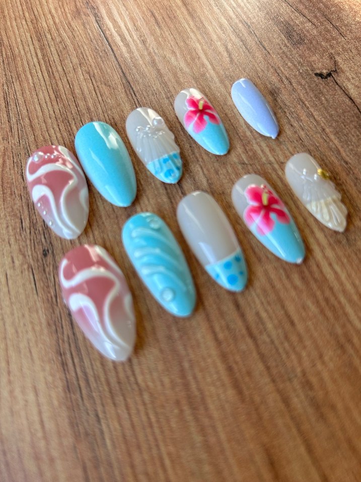 Pastel Turkuaz Çiçekli 24lü Takma Tırnak Seti - Görsel 3