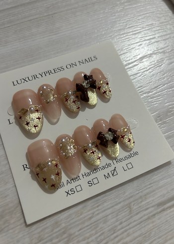 Kahverengi ışıltılı el yapımı takma tırnak seti M beden - Görsel 3