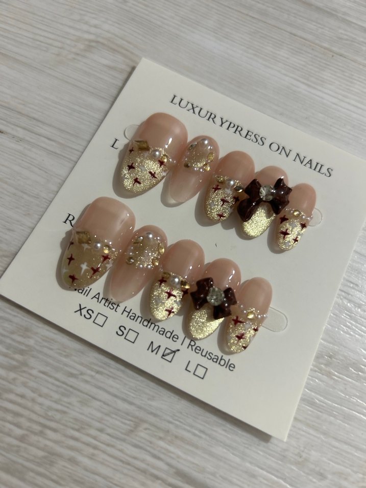 Kahverengi ışıltılı el yapımı takma tırnak seti M beden - Görsel 2