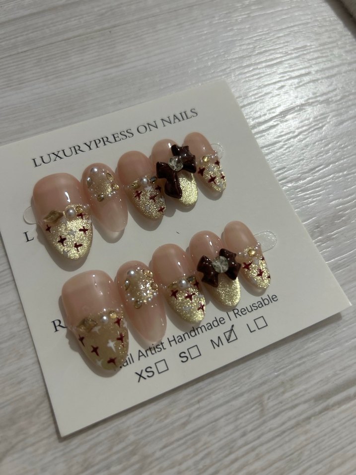 Kahverengi ışıltılı el yapımı takma tırnak seti M beden - Görsel 3