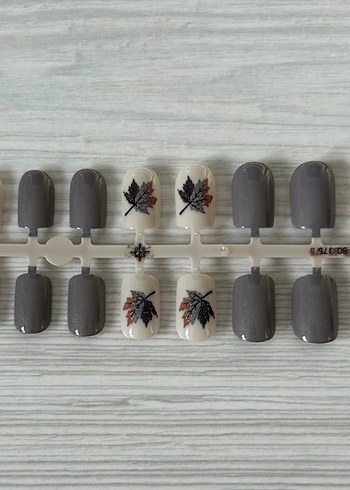 Bej ve Gri Yaprak Desenli Takma Tırnak Seti - Görsel 4