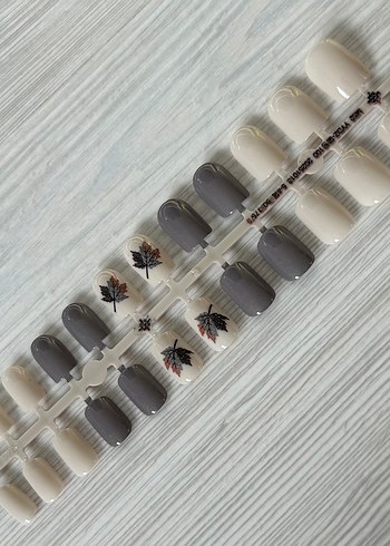 Bej ve Gri Yaprak Desenli Takma Tırnak Seti - Görsel 2