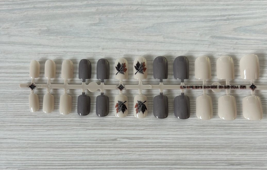 Bej ve Gri Yaprak Desenli Takma Tırnak Seti - Görsel 4