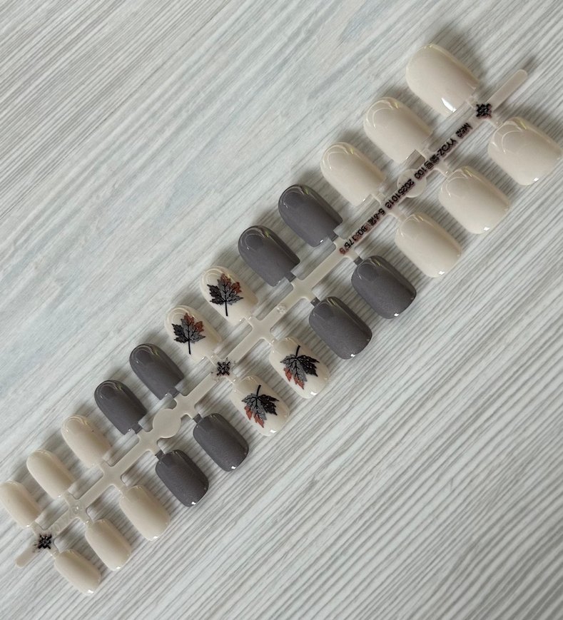 Bej ve Gri Yaprak Desenli Takma Tırnak Seti - Görsel 2