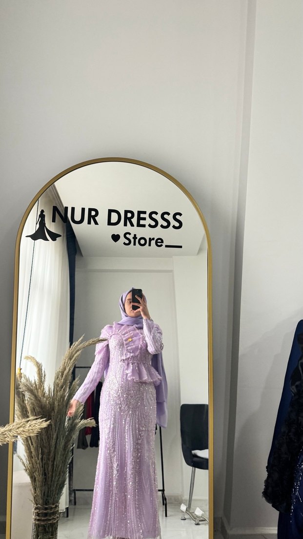 Uzun Kol, Yüksek Yakalı Mor Bohem Kadın Elbise - Görsel 4