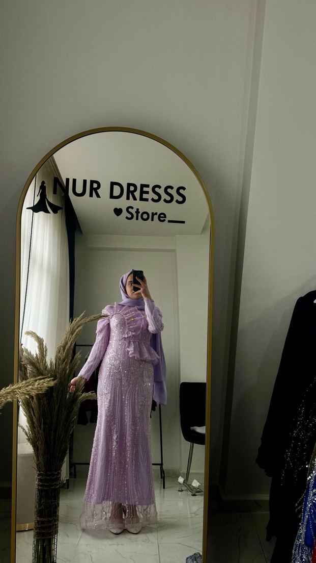 Uzun Kol, Yüksek Yakalı Mor Bohem Kadın Elbise - Görsel 5