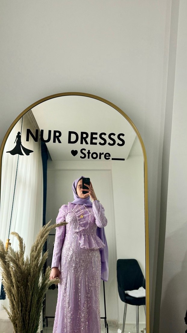 Uzun Kol, Yüksek Yakalı Mor Bohem Kadın Elbise - Görsel 2