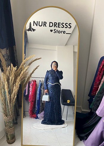 Boncuk İşlemeli Lacivert Uzun Abiye Elbise - Görsel 3