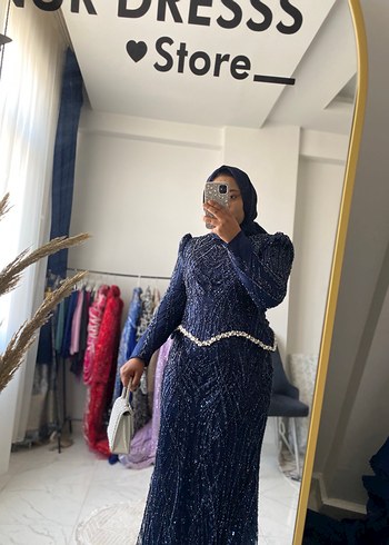 Boncuk İşlemeli Lacivert Uzun Abiye Elbise - Görsel 2