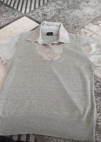 Gri Kısa Kollu Düğmeli Kadın Süveter - Görsel 2