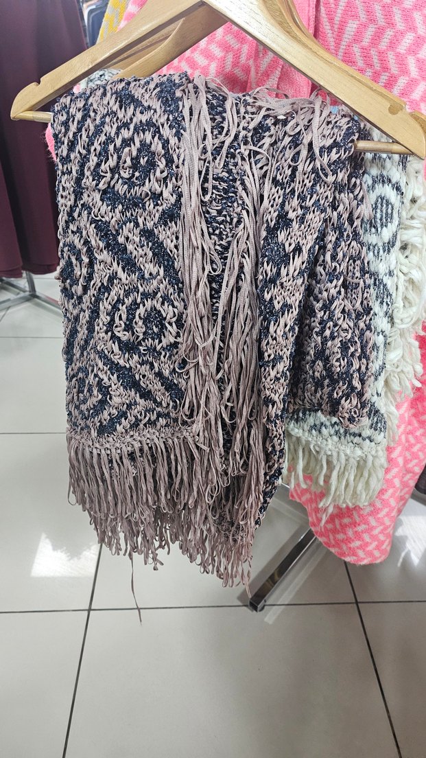 Mavi Gri Örgü Bohem Kadın Şal - Görsel 2