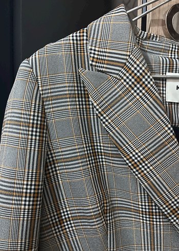 Gri Ekose Desenli Düğmeli Kadın Blazer Ceket - Görsel 3