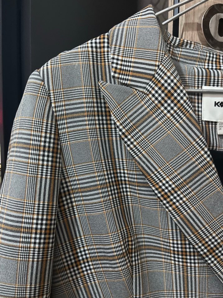 Gri Ekose Desenli Düğmeli Kadın Blazer Ceket - Görsel 3