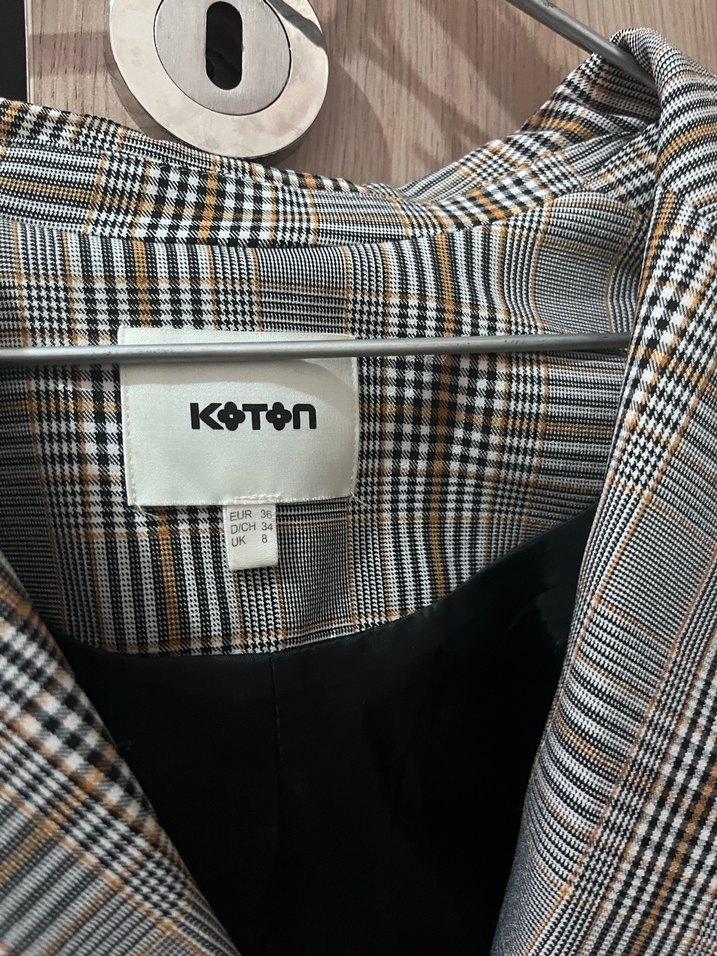 Gri Ekose Desenli Düğmeli Kadın Blazer Ceket - Görsel 2