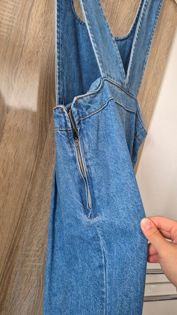 Kadın Mavi Denim Askılı Midi Tulum - Görsel 5
