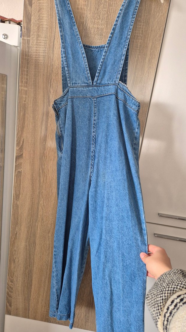 Kadın Mavi Denim Askılı Midi Tulum - Görsel 3