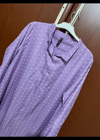 Mor Uzun Kollu Fırfırlı tesettür Elbise - Görsel 3