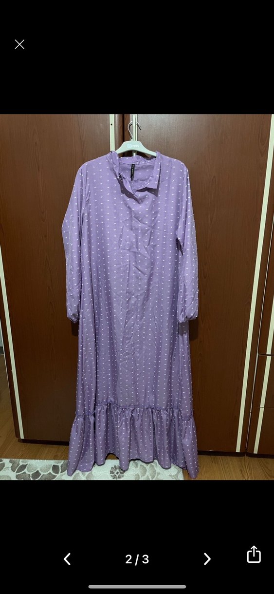 Mor Uzun Kollu Fırfırlı tesettür Elbise - Görsel 2