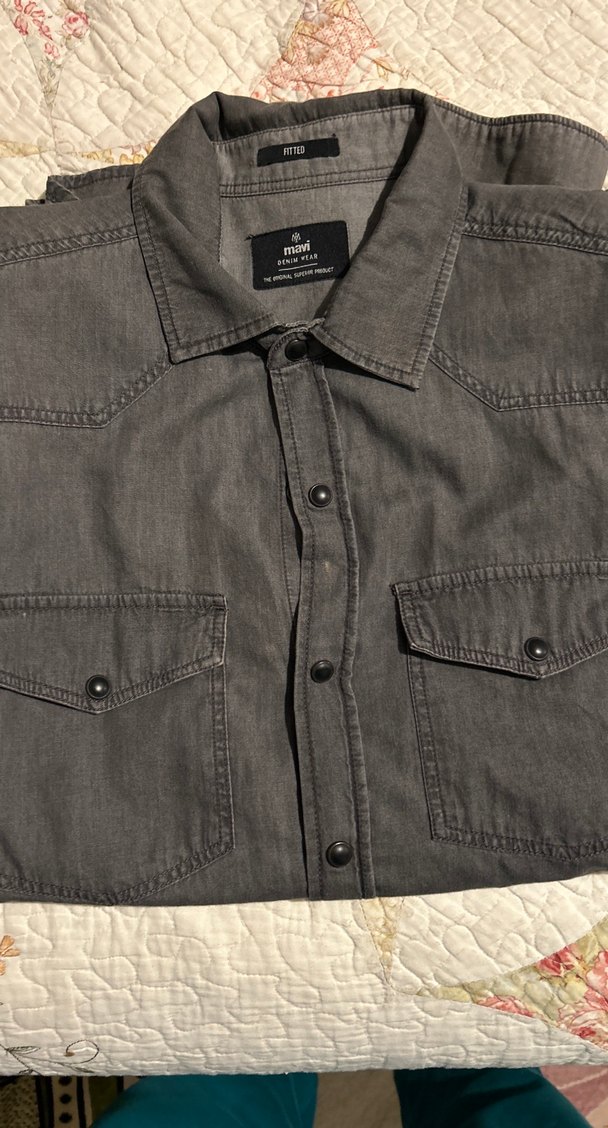 Düğmeli Gri Denim Erkek Gömlek - Görsel 2