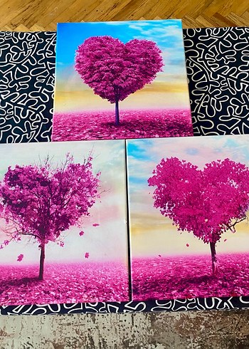 Pembe Kalp Şeklinde Ağaç Temalı Renkli Tablo Seti - Görsel 2