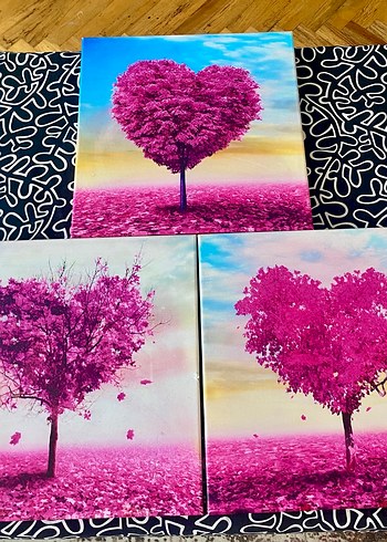 Pembe Kalp Şeklinde Ağaç Temalı Renkli Tablo Seti - Görsel 3