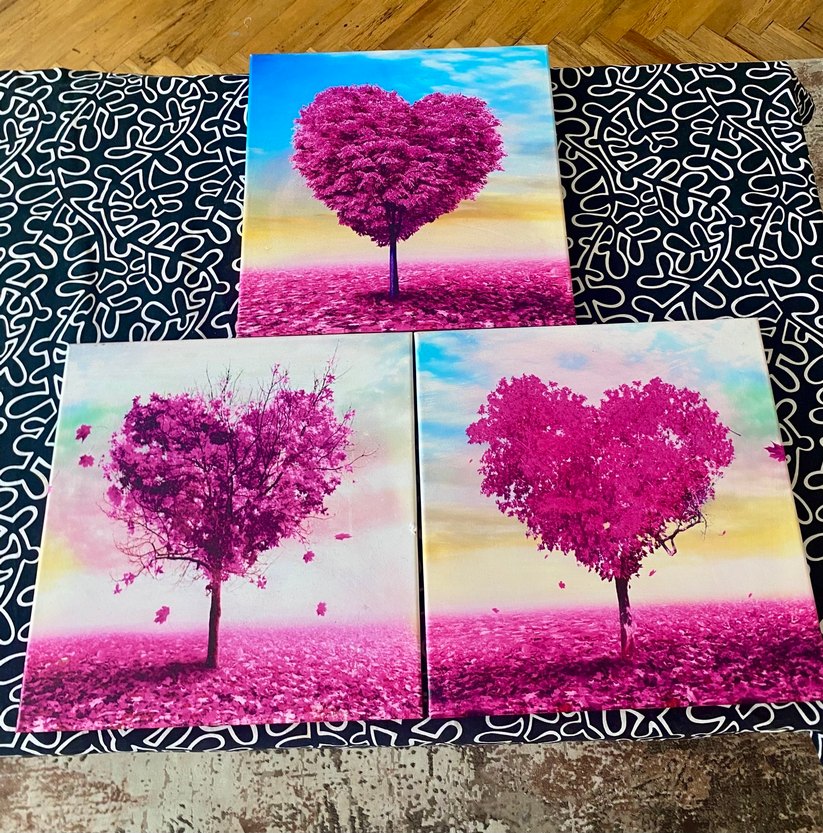 Pembe Kalp Şeklinde Ağaç Temalı Renkli Tablo Seti - Görsel 2