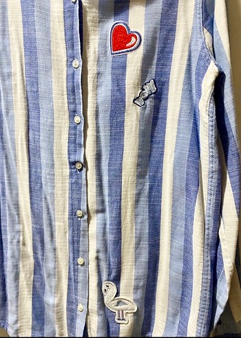 Mavi Çizgili Nakışlı Uzun Kollu Kadın Gömlek - Görsel 2