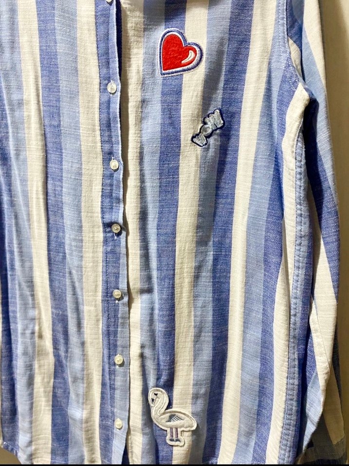 Mavi Çizgili Nakışlı Uzun Kollu Kadın Gömlek - Görsel 2