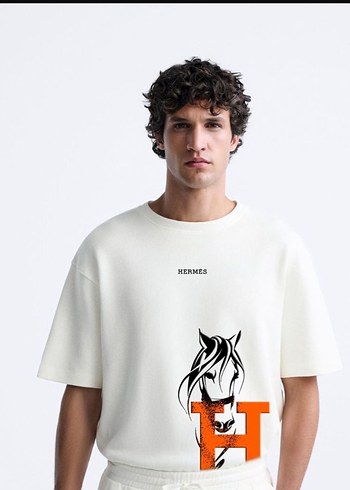 Hermes Beyaz Baskılı Erkek Tişört - Görsel 2
