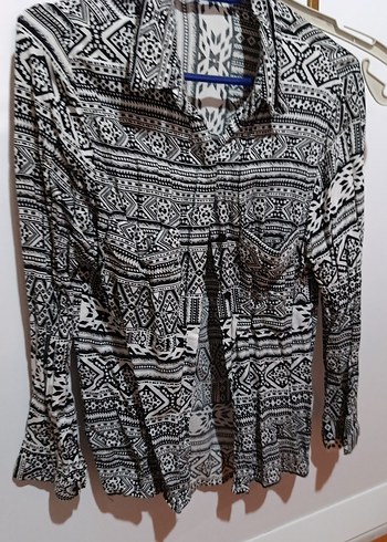 Uzun Kollu Bohem Desenli Gri Kadın Gömlek - Görsel 2