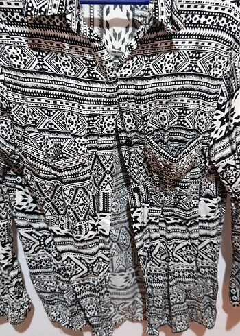 Uzun Kollu Bohem Desenli Gri Kadın Gömlek - Görsel 6