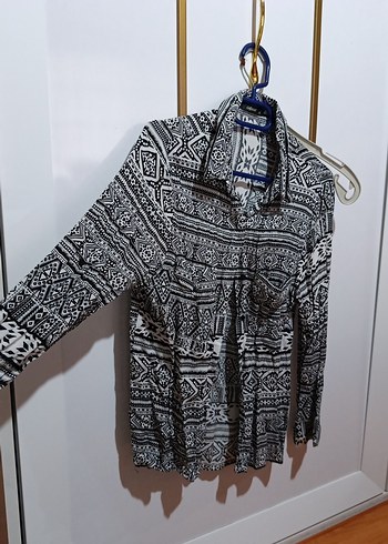 Uzun Kollu Bohem Desenli Gri Kadın Gömlek - Görsel 3