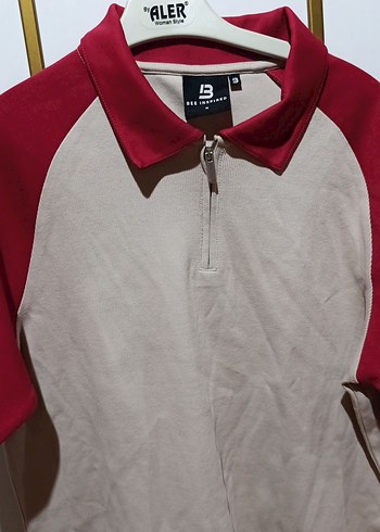 Erkek kırmızı kollu bej rengi Fermuarlı Polo Tişört - Görsel 4