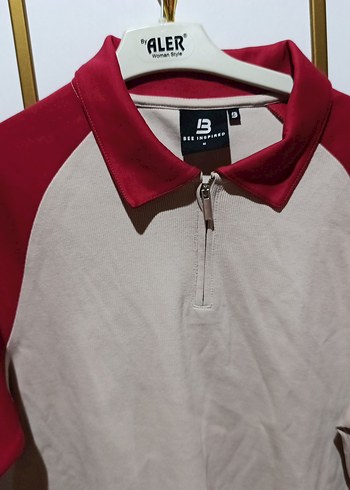 Erkek kırmızı kollu bej rengi Fermuarlı Polo Tişört - Görsel 3