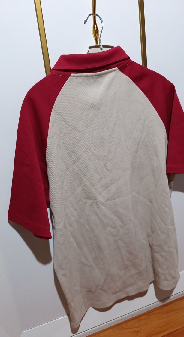 Erkek kırmızı kollu bej rengi Fermuarlı Polo Tişört - Görsel 5