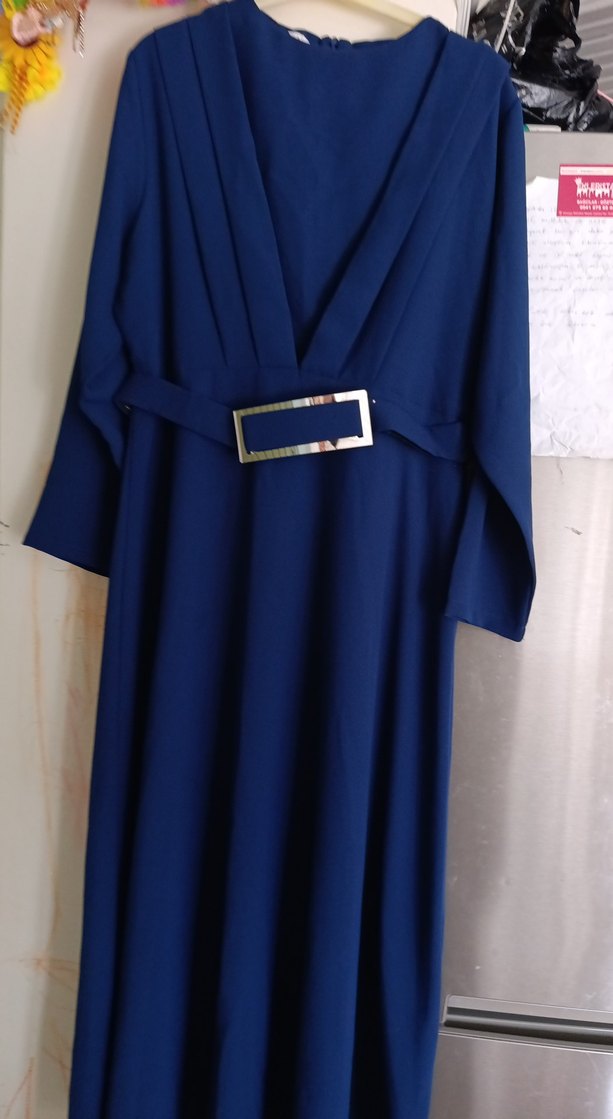 Kemerli Lacivert Uzun Kadın Elbise - Görsel 4