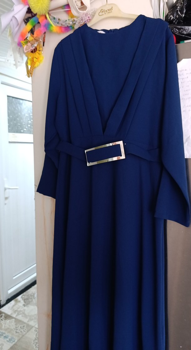 Kemerli Lacivert Uzun Kadın Elbise - Görsel 2