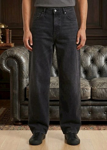 Diğer Erkek Koyu Siyah Rahat Kesim Denim Jean