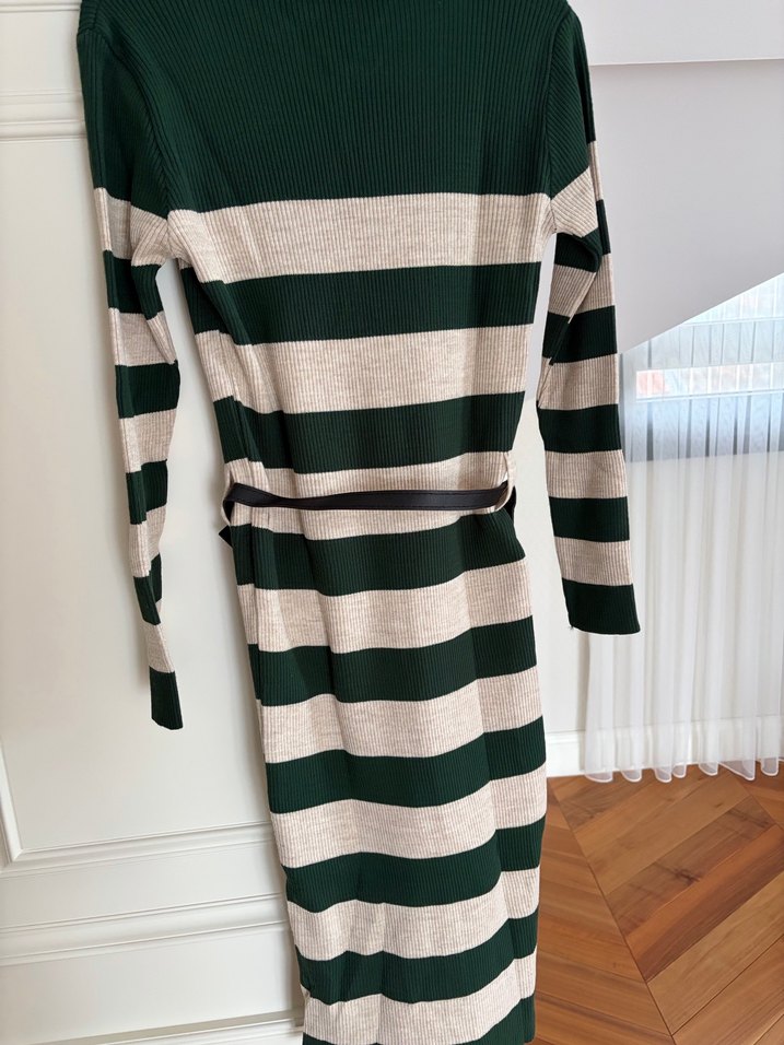Uzun Kollu Çizgili Triko Elbise - Görsel 2