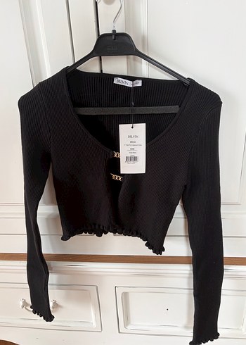 Siyah V Yaka Kısa Fitilli Triko Bluz - Görsel 2