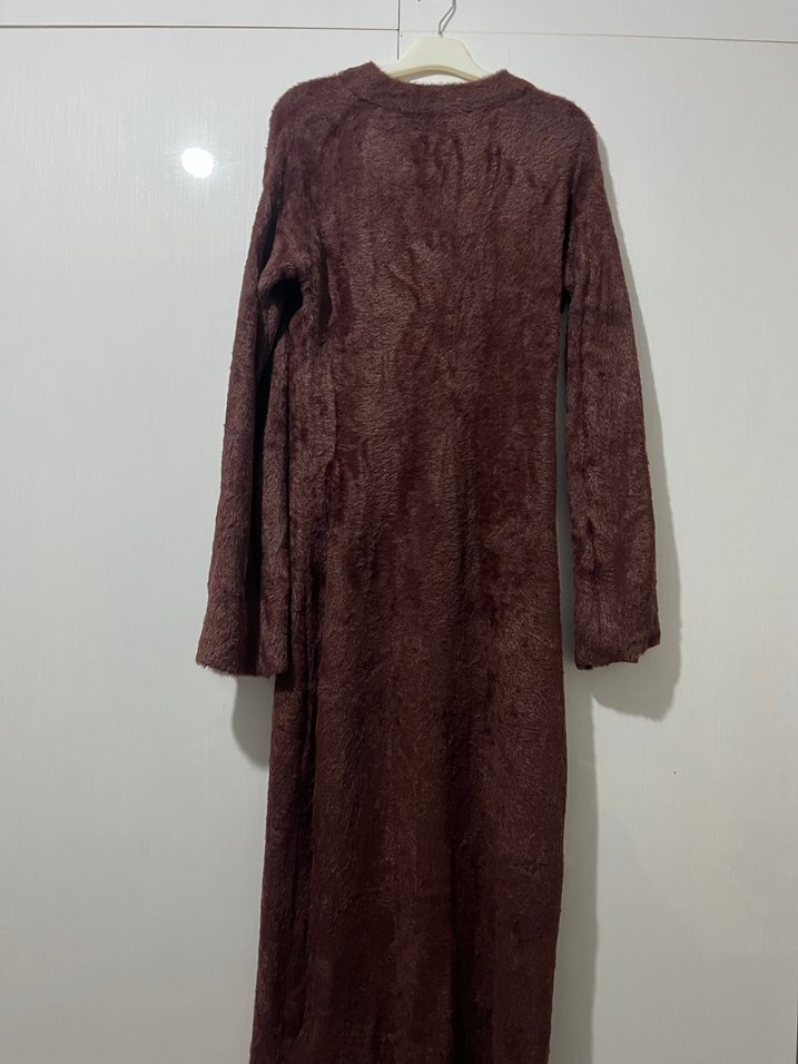 Uzun Kahverengi Bol Kesim Kadın elbise - Görsel 2