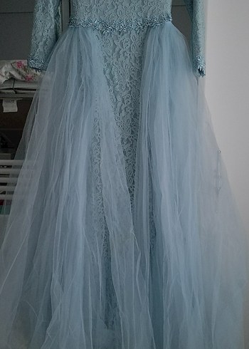 Uzun Kollu Mavi Vintage Gelinlik - Görsel 3