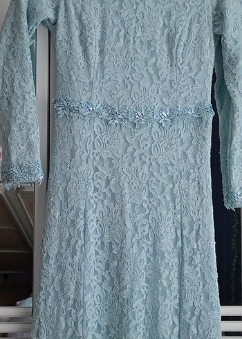 Uzun Kollu Mavi Vintage Gelinlik - Görsel 2