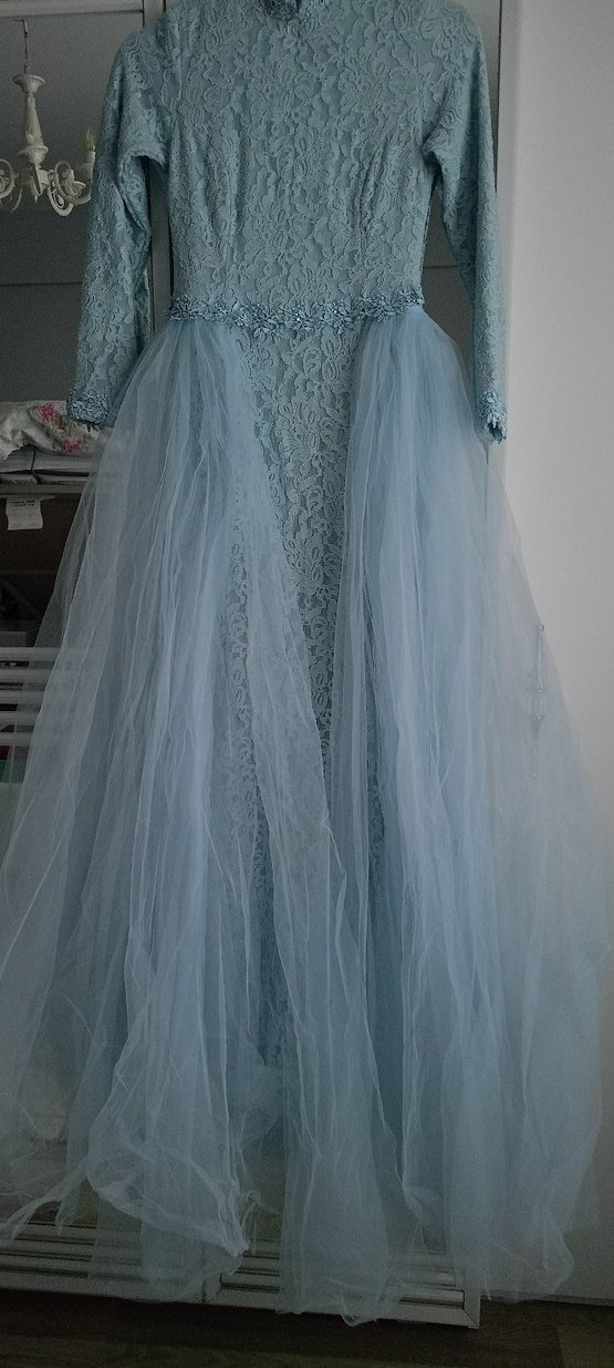 Uzun Kollu Mavi Vintage Gelinlik - Görsel 3