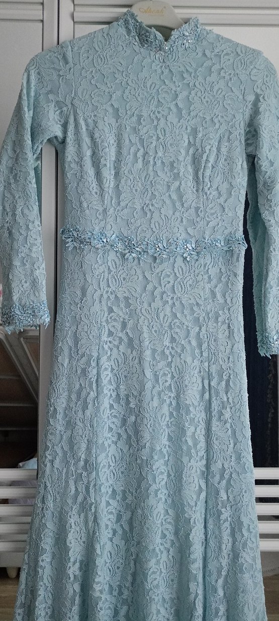 Uzun Kollu Mavi Vintage Gelinlik - Görsel 2