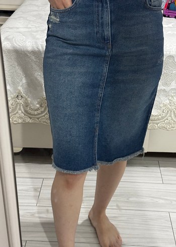 Gri Mavi  Kot Midi Etek - Görsel 2