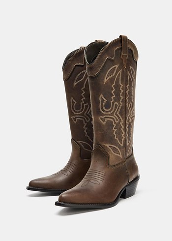 Deri Kahverengi Nakışlı Dizüstü Kadın Çizme - Görsel 6